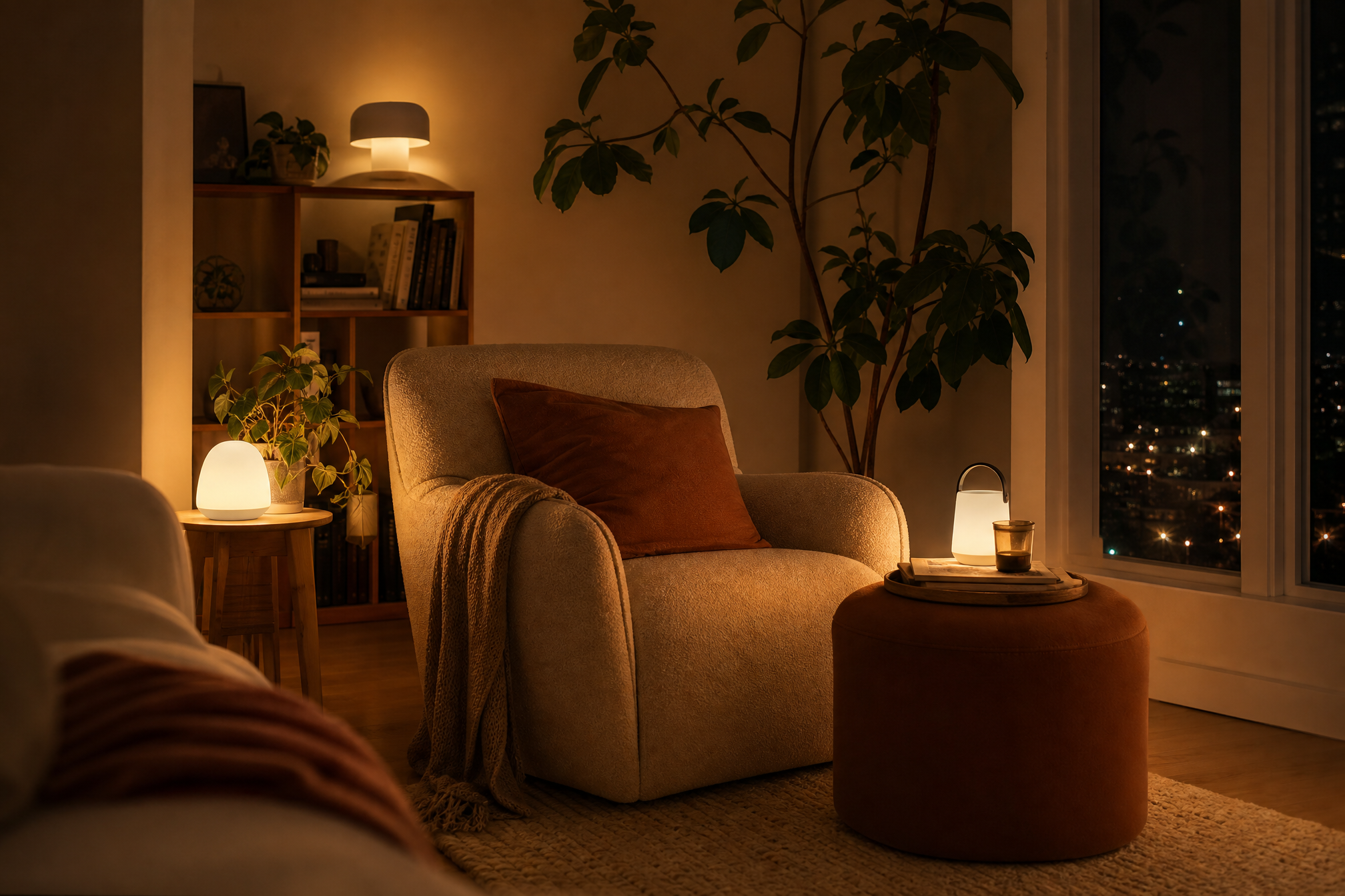 A rented apartment corner lit only by cordless warm ambient lights